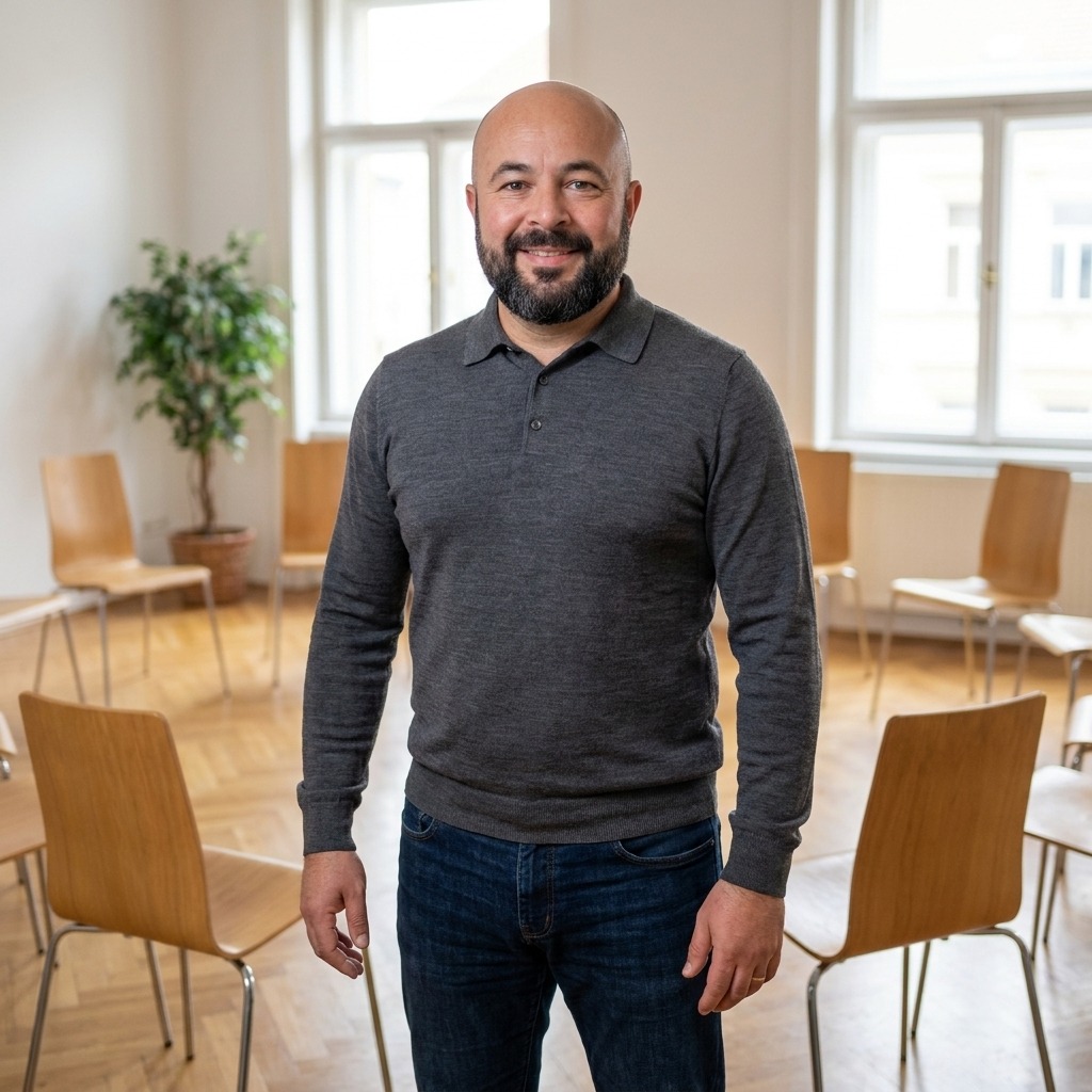 Petr, průvodce rodinných konstelací, v seminární místnosti